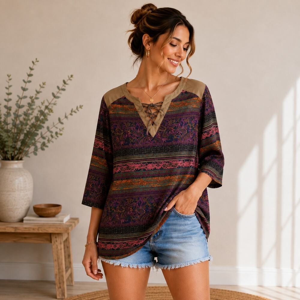 BonWorth Top Women's Size XL Faux Suede Neckline Boho-chic Casual Artsy